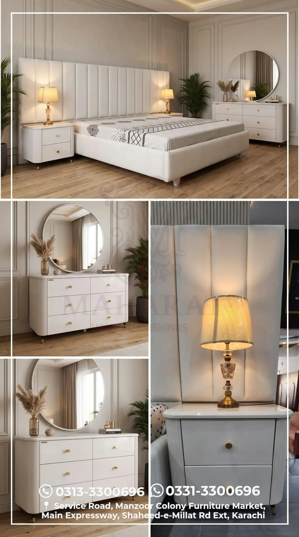 Modern bedroom with white panelled bed, dressing table with round mirror and bedside table with lamp, Maharat Home Furnishings